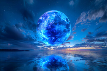 Glowing Blue Moon Over Dark Water at Night