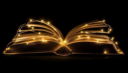An open book illuminated by tiny golden string lights