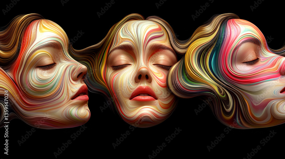 Poster three faces with colorful swirling patterns