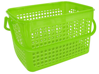Green hand held Shopping Basket with plastic handle in isolated on transparent background for marketing