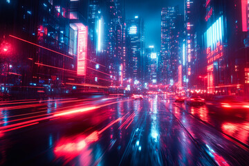 Obraz premium A vibrant and electrifying urban scene showcasing neon lights amidst rain-soaked streets filled with movement and energy.