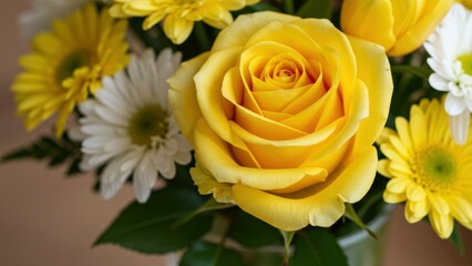 Yellow rose and white daisies in a floral bouquet Bright arrangement for celebrations and home decor