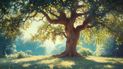 Fototapeta premium Majestic oak tree towering in a sunlit glade branches spread wide dappled sunlight highlights its grandeur serene natural beauty 