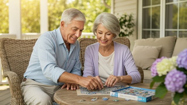 Caucasian senior couple enjoying puzzle on outdoor patio of modern home Concepts of engagement, leisure time, companionship