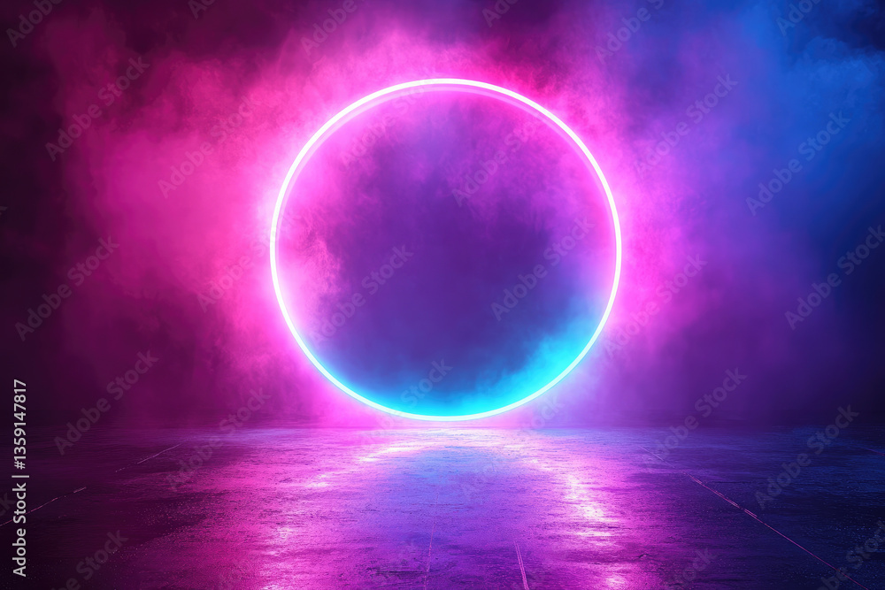 Poster an ethereal circle of colorful neon lights surrounded by mist, creating a mystical and enchanting am