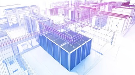 Illustrative schematic of a data center interior featuring server racks and cooling systems