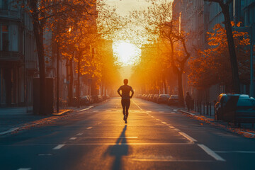 A silhouette of a runner jogs down an empty street as the sun sets, capturing the essence of freedom and urban tranquility.