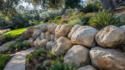 Medium-sized boulders dry-stacked for retaining wall earthy texture rugged yet stable aesthetic natural integration.  