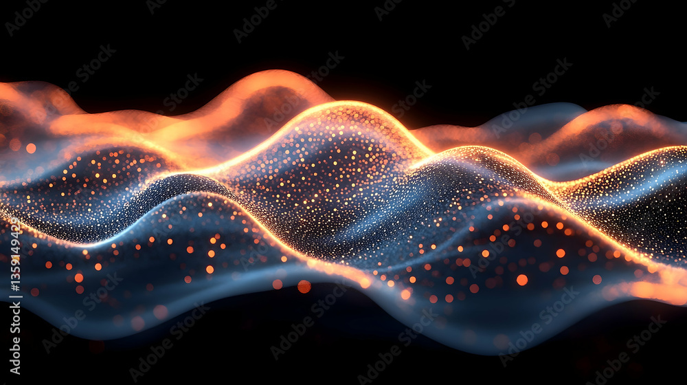 Poster abstract waves of glowing particles undulate in a dark background, creating a mesmerizing visual eff