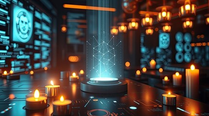 Futuristic table with holographic data and glowing candles display