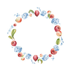Cranberry lingonberry flying in water splash with ice cubes, drops and green leaves, hand drawn in watercolor, ripe forest berry. Isolated circle wreath frame for restaurant, cafe menu, farmers market