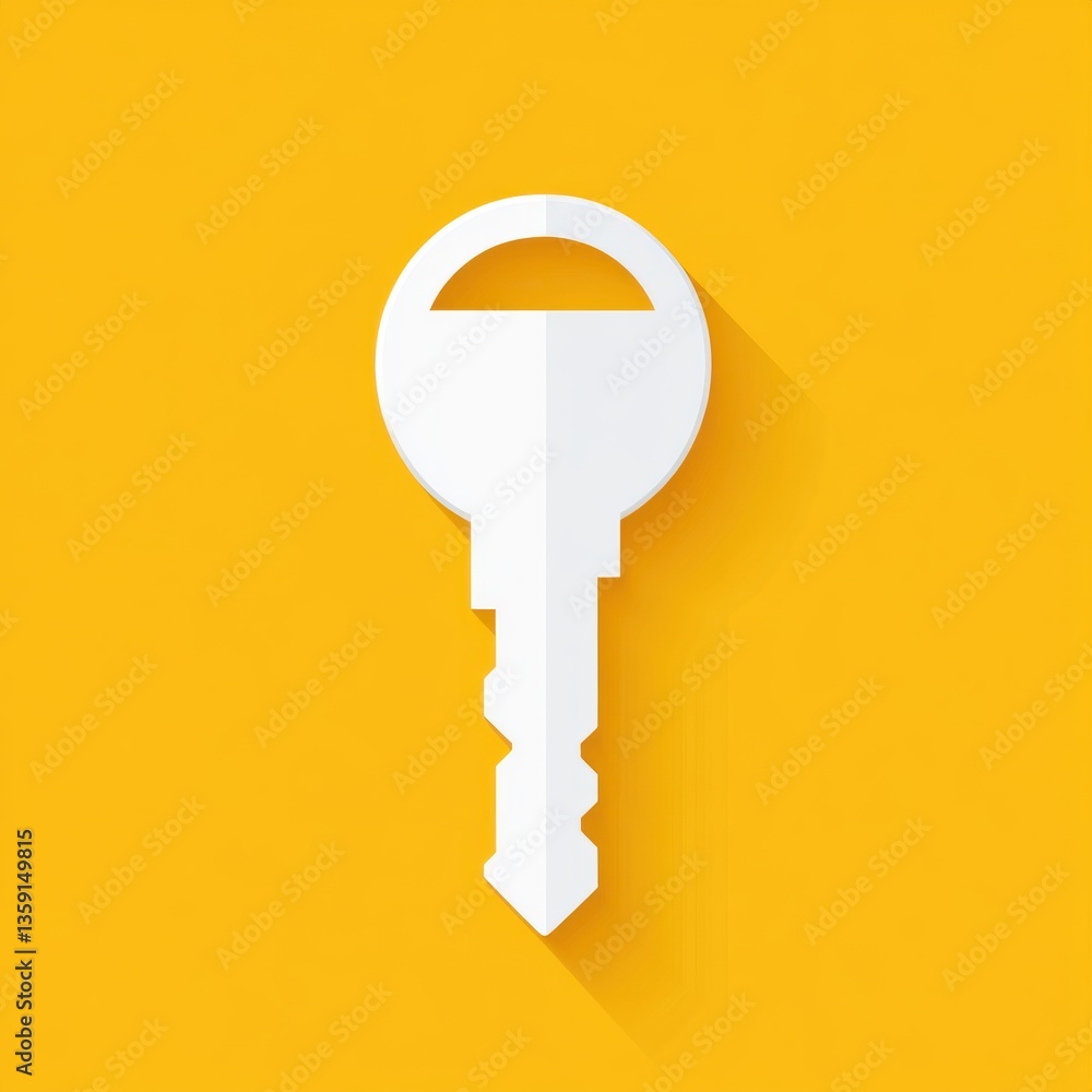 Poster simple white key icon with long shadow on bright yellow background for modern design use