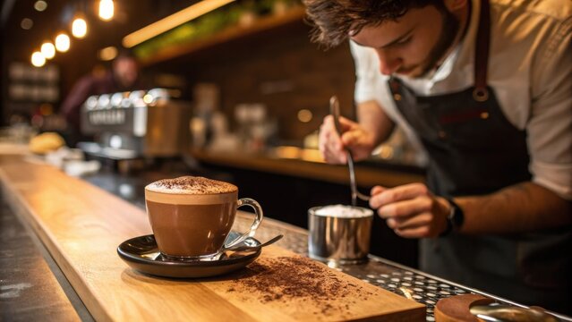 A barista prepares a coffee drink at a stylish cafe, showcasing a cup of hot chocolate topped with cocoa powder on a wooden counter.