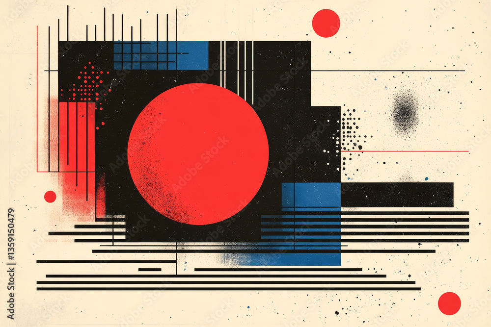 Poster a captivating abstract composition featuring geometric shapes with bold colors, creating a dynamic v
