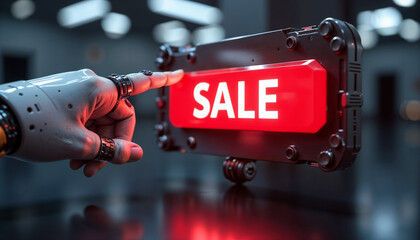 Naklejka premium Robot hand activating SALE button on futuristic display