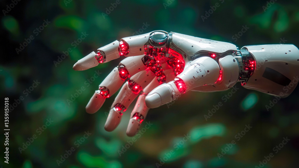 Poster an advanced robotic hand featuring intricate details and glowing elements, symbolizing the intersect