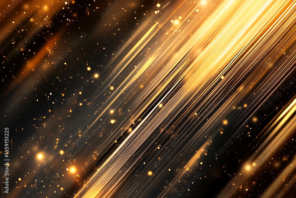 Poster abstract gold and black diagonal light streaks background with sparkles.