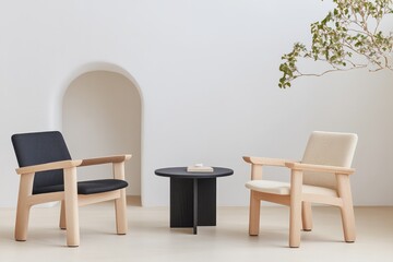 Fototapeta premium Two modern armchairs with a small round table displayed