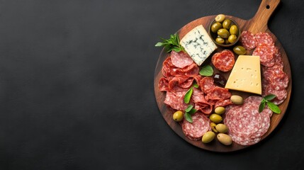 Italian antipasto platter with gourmet meats, cheeses, and olives on a black background, top view. Charcuterie board banner for food lovers.