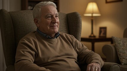 Fototapeta premium White elderly man smiling while sitting in comfortable chair at home Creating intimate, warm atmosphere around wellbeing