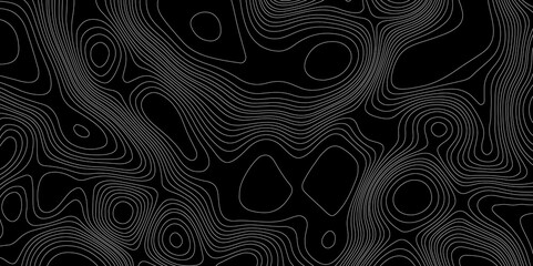 White line black abstract topography with contour map curve paper geography mountain relief seamless ornament design background, landscape terrain black and white cartography geographic background.