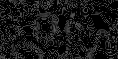 White line black abstract topography with contour map curve paper geography mountain relief seamless ornament design background, landscape terrain black and white cartography geographic background.