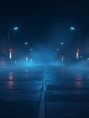 Moody blue night street scene foggy ambiance soft light reflects wet pavement. AI Generated