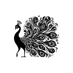 Majestic Peacock Silhouette in Fluid Dance Pose – Abstract Vector Art with Intricate Feather Details