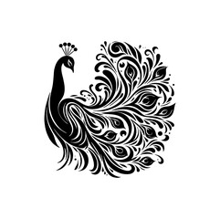 Majestic Peacock Silhouette in Fluid Dance Pose – Abstract Vector Art with Intricate Feather Details