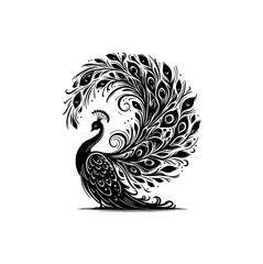 Majestic Peacock Silhouette in Fluid Dance Pose – Abstract Vector Art with Intricate Feather Details