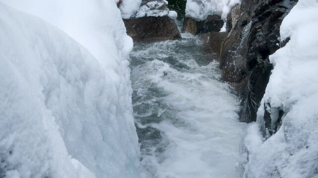 Planet Earth Winter Environment Looking Down Snowy Canyon Waterfall