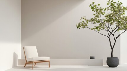 A minimalist room features an armchair and a potted tree