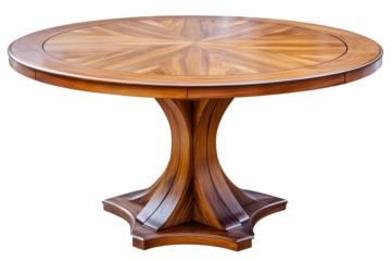 modern round wooden table isolated on a transparent or white background, cut-out, PNG