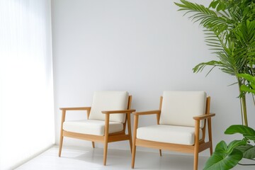 Two wooden armchairs sit in a bright white minimalist room