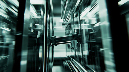 A dynamic, abstract image showcasing blurred reflections of machinery and metallic surfaces, creating a sense of movement and industrial energy.