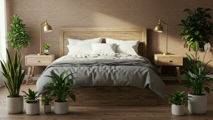 Modern bedroom with wooden bed frame, indoor plants, and cozy decor enhancing relaxation and sustainability