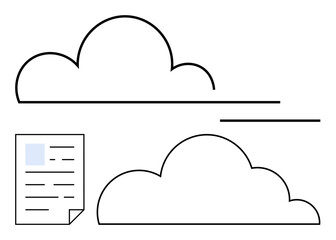 Fototapeta premium Outline clouds and a paper document emphasize digital storage and data transfer. Ideal for cloud storage, file sharing, online backup, data transfer, digital security, IT services, flat simple