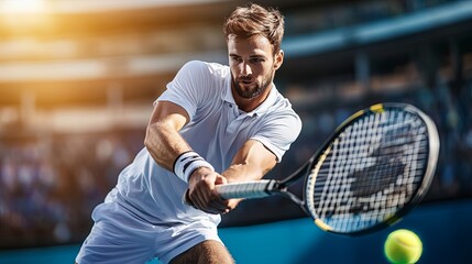 A male tennis player with a racket in his hand plays tennis on the court