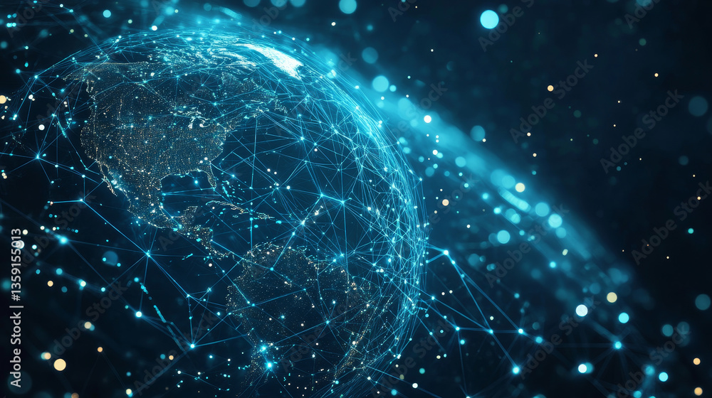 Poster global network. blockchain 3d illustration. neural networks and artificial intelligence. concept of 