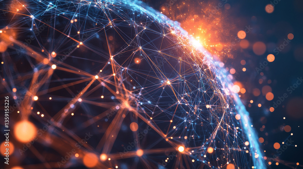 Poster global network. blockchain 3d illustration. neural networks and artificial intelligence. concept of 