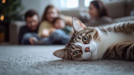 family cat relaxing on carpet with family in background