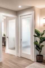 Fototapeta premium Modern hallway, frosted glass doors, plant, interior design