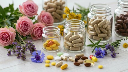 Various vitamins and herbal supplements in jars surrounded by roses and wildflowers Concepts of wellness and natural remedies