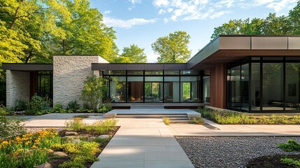 Modern L-shaped home dynamic angles sleek minimalist facade open courtyard emphasizing natural and functional design.  