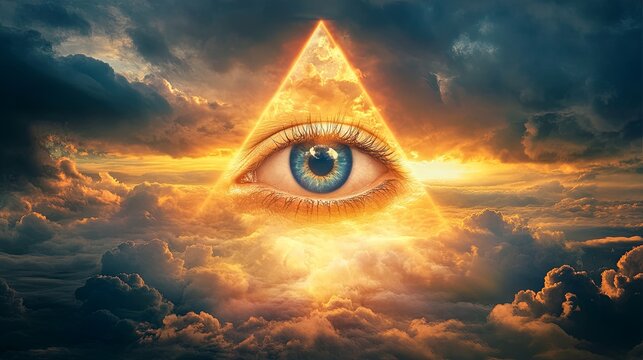 The Eye of Providence set against a backdrop of dramatic clouds glowing with sunlight, conveying a spiritual theme
