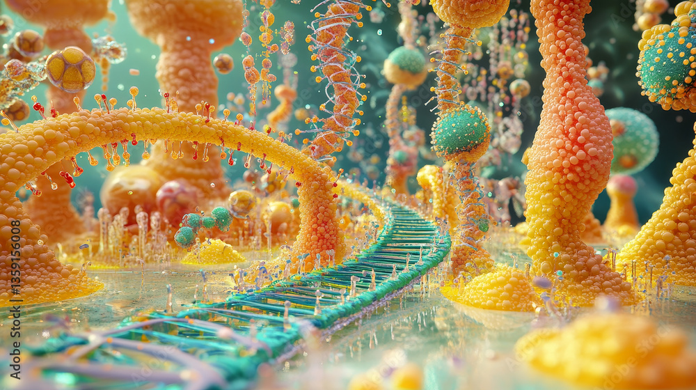 Aufkleber cyber structure 3d illustration. nano space medical research and futuristic discoveries. dna code in