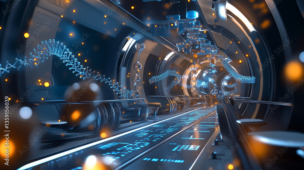 Aufkleber cyber structure 3d illustration. nano space medical research and futuristic discoveries. dna code in