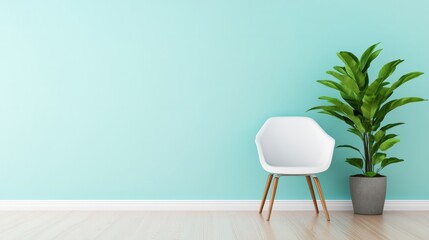 Minimalist room featuring white chair and potted green plant