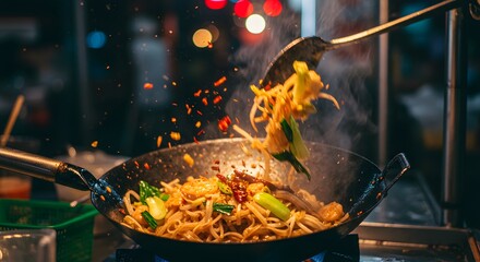 A bubbling wok of Thai pad see ew noodles with smoky charred edges, bok choy, and chili flakes. Action shot with flying oil droplets, night market 