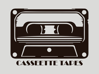 Stylized audio cassette tape illustration with a retro design, evoking nostalgia for vintage music, illustration cassette tape logo vector